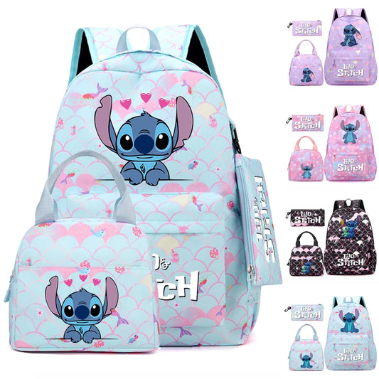Disney Lilo Stitch Backpack Set for Girl Teen Student Back To School Knapsack Women Rucksack Mermaid Style Lunch Bag Pencil Case