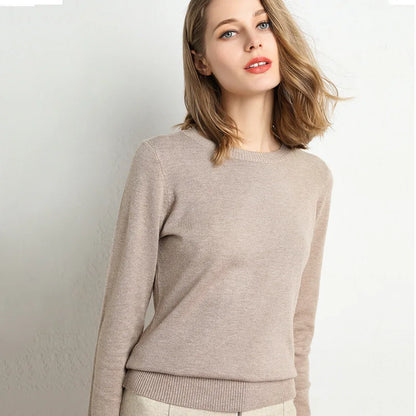 Women Slim O-Neck Solid Pullover Cashmere Wool Blending Sweater Autumn And Winter Long-Sleeved Knit Bottoming Shirt Large Size
