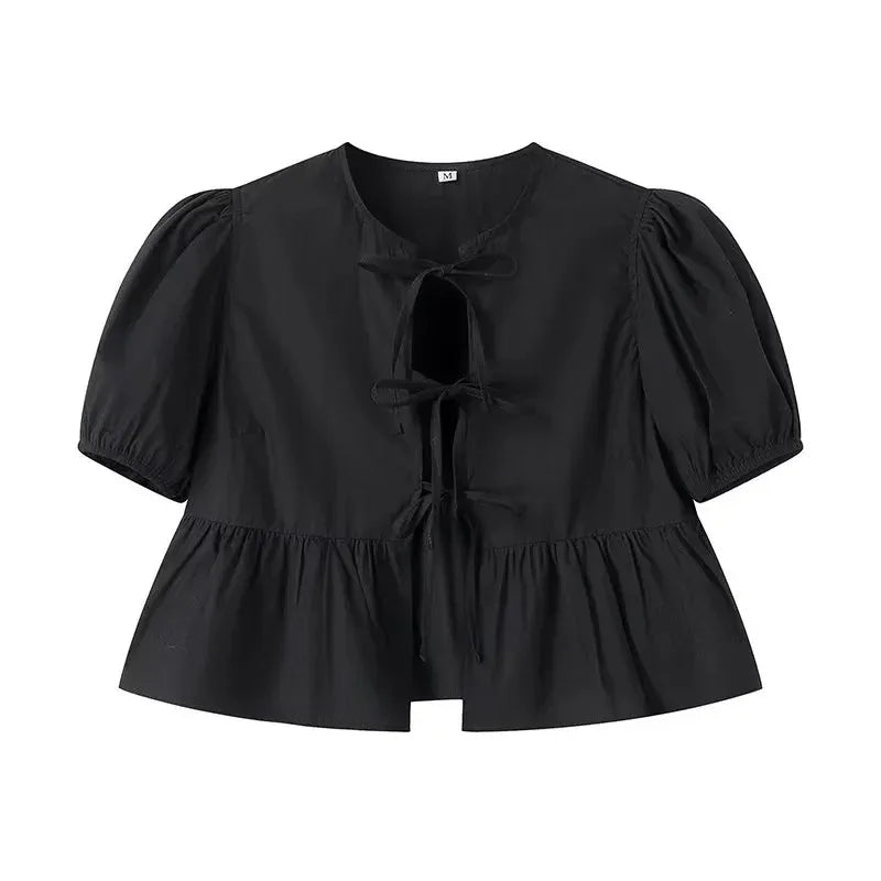 Mujer Leopard Print Crop Top Women Puff Sleeve Ruffle Bluses Woman 2025 Summer Shirts and Bluses for Women Ruched Ladies Tops