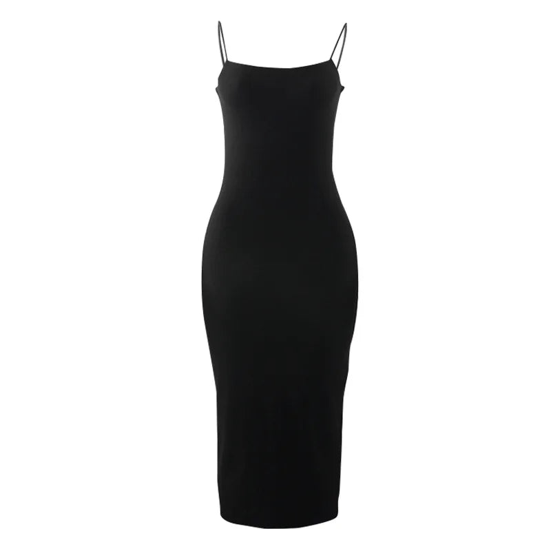 Nyári fekete szexi ruha nők utcai ruházat ujjatlan hát nélküli szilárd spagetti heveder bodycon alkalmi klub ruházat elegáns party ruhák