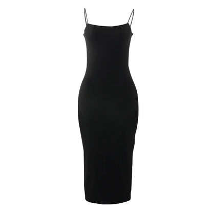 Nyári fekete szexi ruha nők utcai ruházat ujjatlan hát nélküli szilárd spagetti heveder bodycon alkalmi klub ruházat elegáns party ruhák