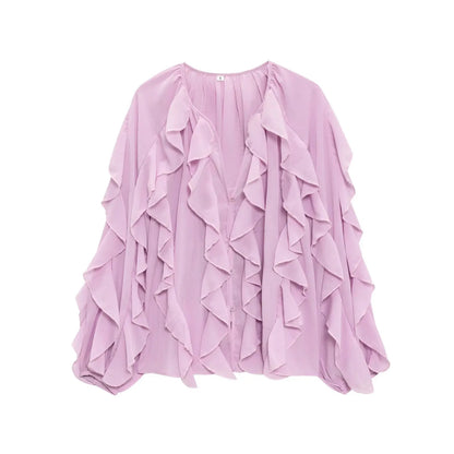 Tangada Women Wine Red Ruffles Shirt Langærmet 2025 Fashion Oversized Blouse Tops 3H0011
