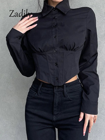 2025 proljetna seksi žena s dugim rukavima bijela košulja bluza korejski stil gumb gore vitki struk y2k crop vrhovi ženska cardigan odjeća
