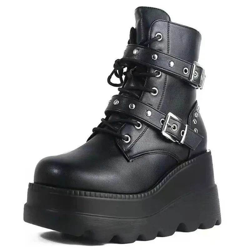 Nieuwe dames pu lederen enkelschoenen vrouwen herfst winterronde teen veterschoenen vrouw motorfiets platform bota's gotische schoenen
