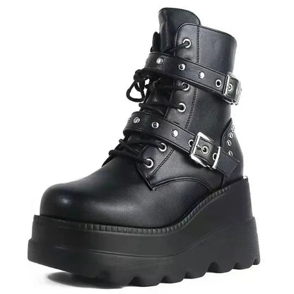 Nieuwe dames pu lederen enkelschoenen vrouwen herfst winterronde teen veterschoenen vrouw motorfiets platform bota's gotische schoenen