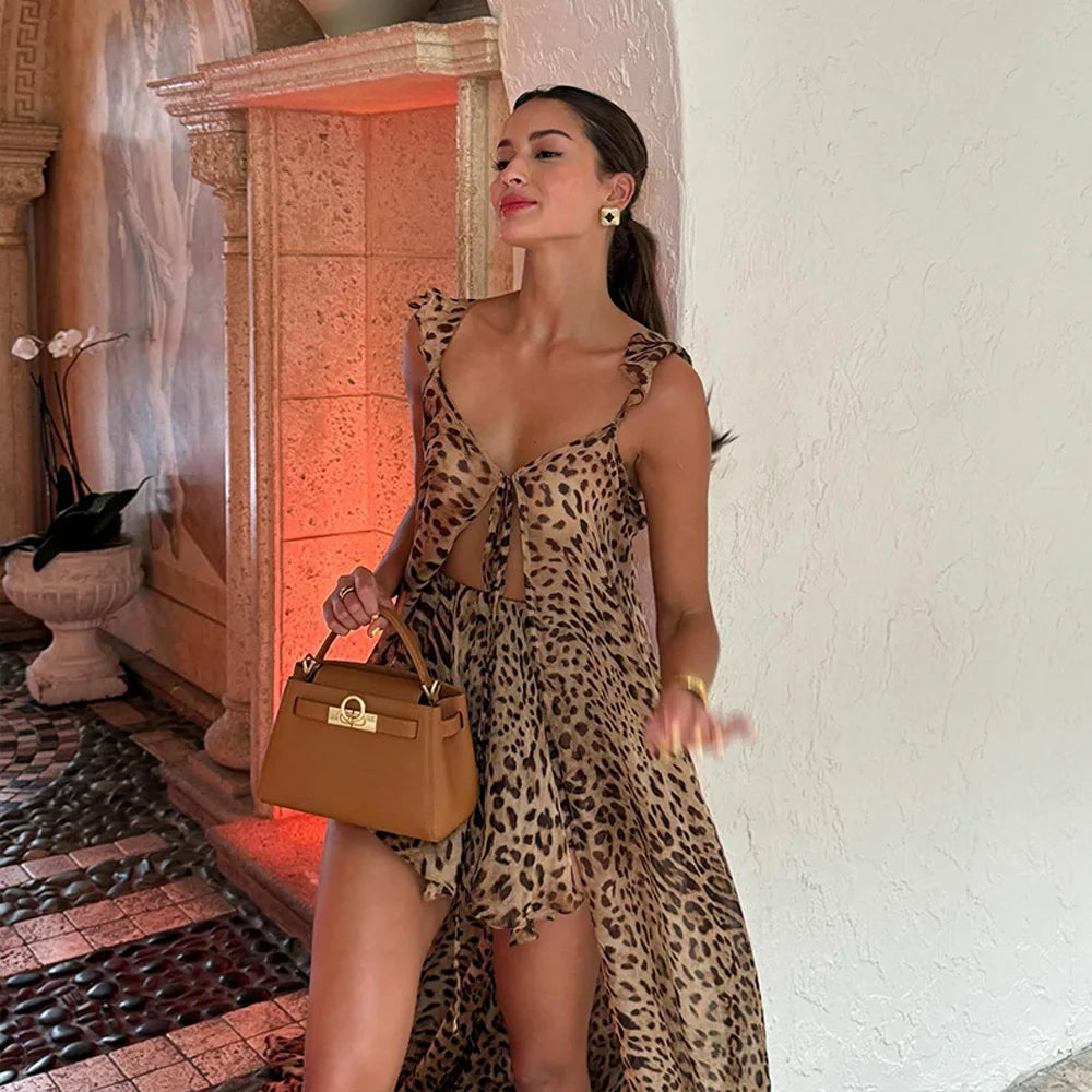 Été pour la femme 2025 Robe de vacances à la plage Ensemble de robe en mousseline de mousseline licou robe longue robe léopard à imprimé léopard élégant tenue décontractée