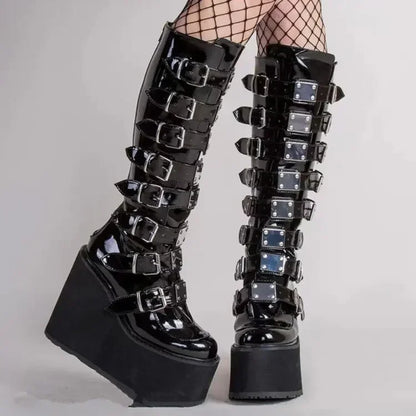 Kvinder støvler cosplay damer høj hæl platform kiler kvinder høje støvler gotisk spænde stropp lang rør læder kvindelige støvler plus SI