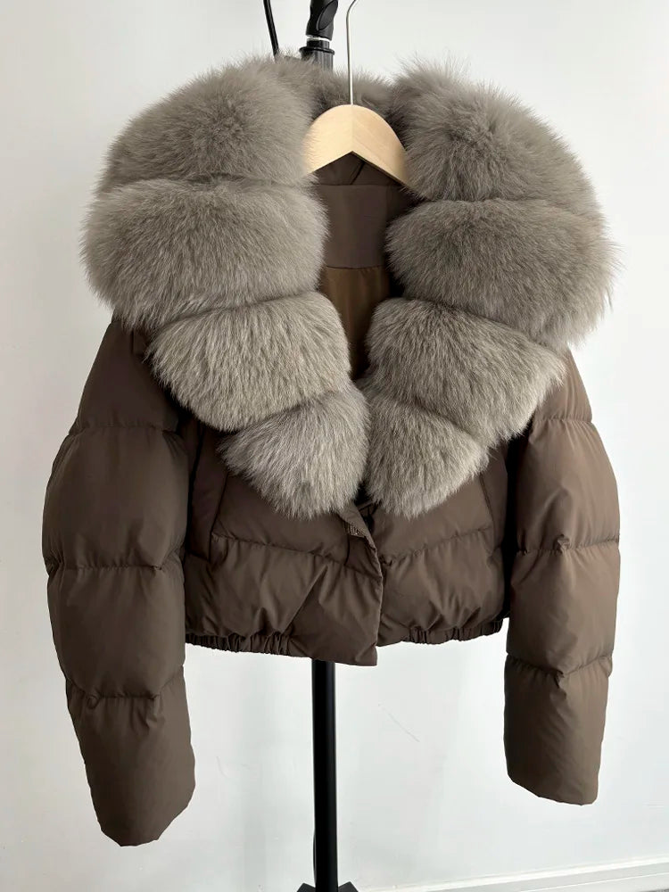 Janveny Big Natural Fox Fur Coat Women 2025 Autumn Winter Female Parkas 90% White Duck Down Jacket Feather Short Puffer Coat