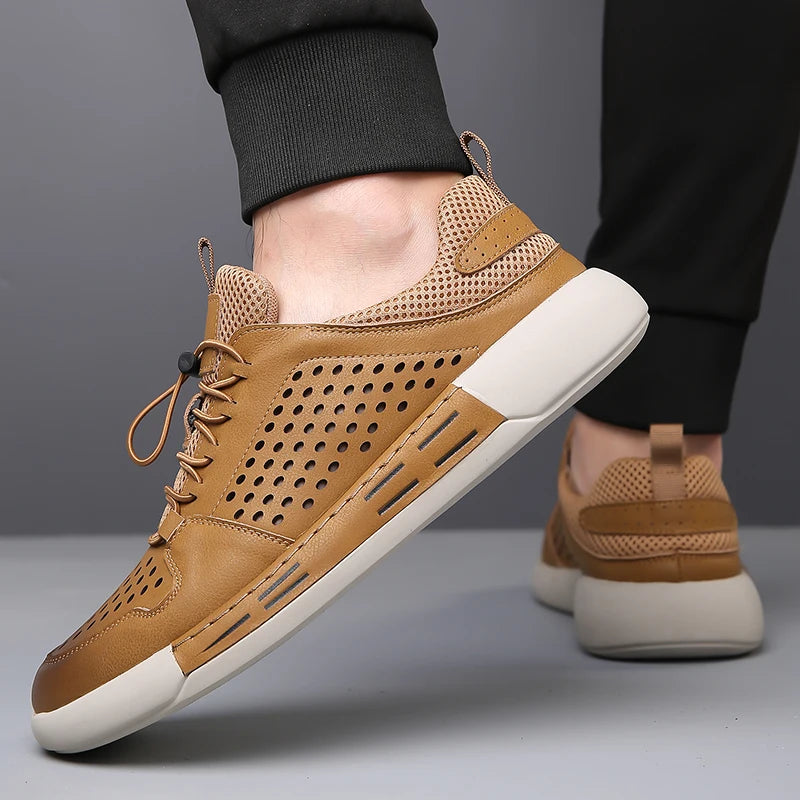 Summer Men's Hollow Breathable Leather Boots Outdoor Flat Bottomed Comfortable Sports Shoes Fashionable and Casual Oxford Shoes
