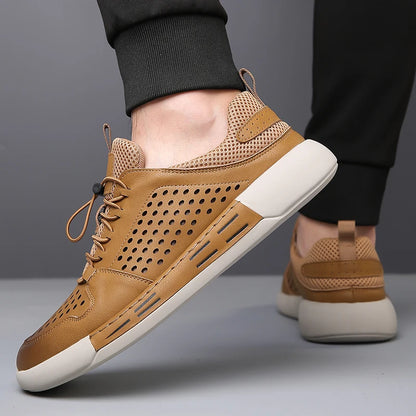 Summer Men's Hollow Breathable Leather Boots Outdoor Flat Bottomed Comfortable Sports Shoes Fashionable and Casual Oxford Shoes