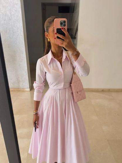 Elegant Solid Shirt Maxi Skirt Dress Set Women's Formal Long Sleeve Lapel Shirts A-line Skirts Loose Fit Office Female Outfit