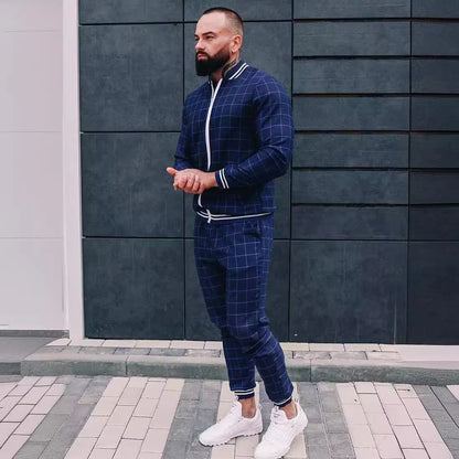 2025 Herbst Herum Männer Tracksuit 2pc Set Plaid Zipper Sweatshirt Jacke Langes Hosen Freigelegte Fitnessstudio Running Jogging Outfit Fleece Sportswear