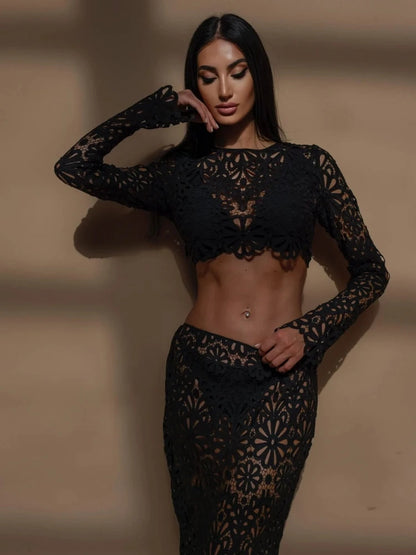White Elegant Embroidery Hollow Out Beach Dresses Set Sexy See Though Crop Tops Long Skirts Women Sets Summer Women Outfits
