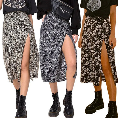 Vintage Skirt Summer Flower Leopard Print High Waist Stretch Long Skirt for Women A-Line Skirts Fashion Beach Maxi Skirt