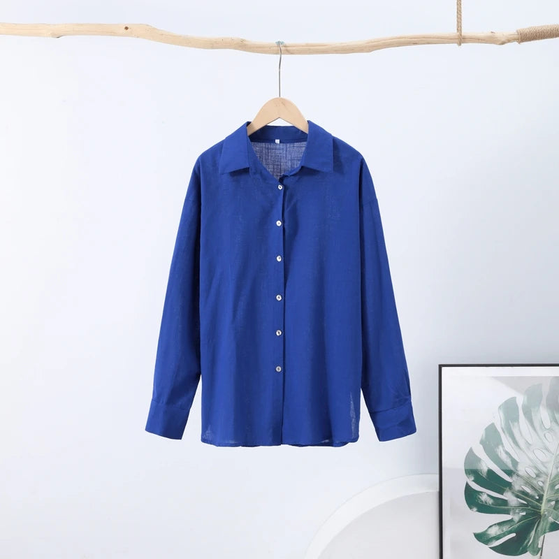 Fashion Loose Women's Shirts Long Sleeve Lapel Oversize Female Blouses 2025 Spring Summer Elegant Pink Cotton Linen Lady Shirts
