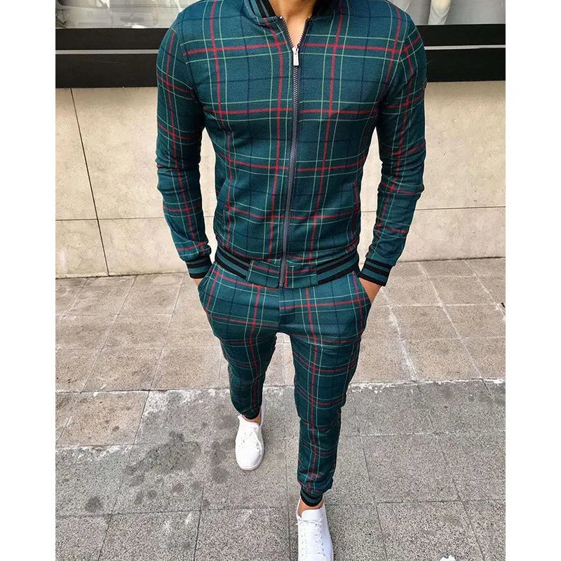 2025 Herbst Herum Männer Tracksuit 2pc Set Plaid Zipper Sweatshirt Jacke Langes Hosen Freigelegte Fitnessstudio Running Jogging Outfit Fleece Sportswear