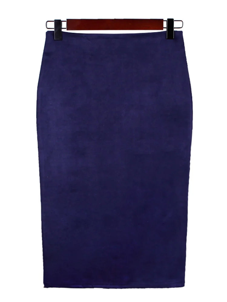 Sexy Multi Color Suede Midi Pencil Skirt Women 2024 Fashion Elastic High Waist Office Lady Bodycon Skirts Saias