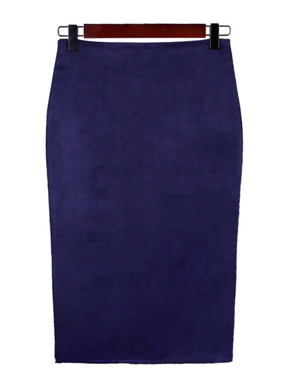 Sexy Multi Color Suede Midi Pencil Skirt Women 2024 Fashion Elastic High Waist Office Lady Bodycon Skirts Saias