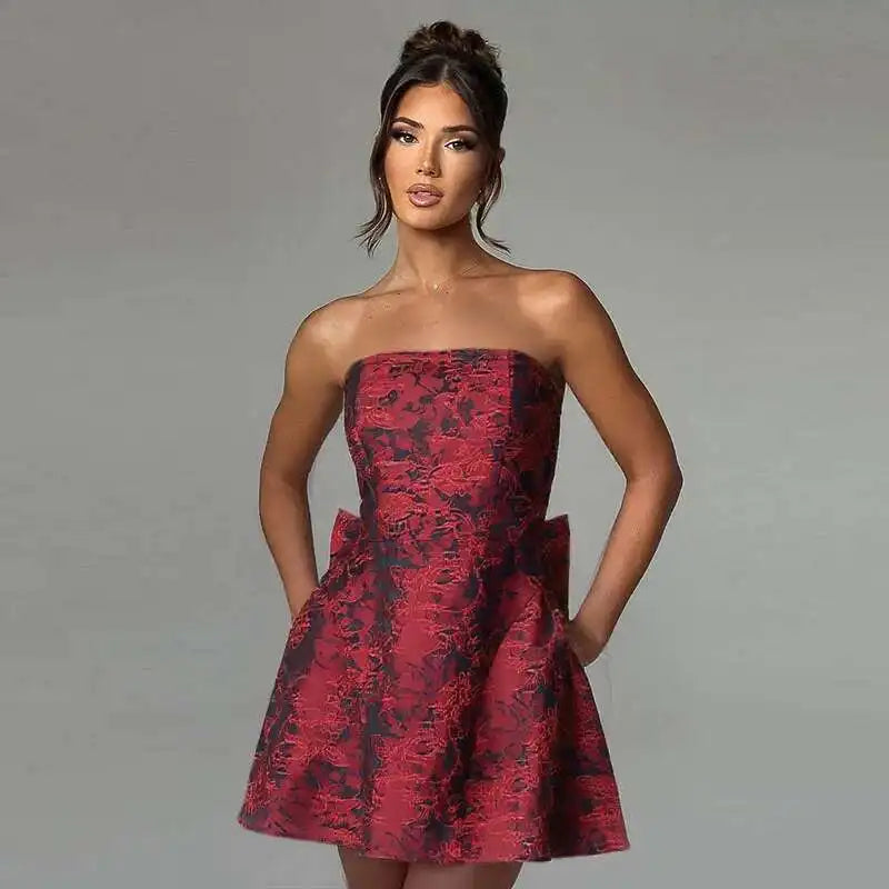 Townlike Jacquard Waist Wrap A-line Dress Women Mini 2024 Spring Summer Dress Elegant Bow Backless Sexy Party Dresses