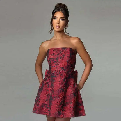 Townlike Jacquard Waist Wrap A-line Dress Women Mini 2024 Spring Summer Dress Elegant Bow Backless Sexy Party Dresses