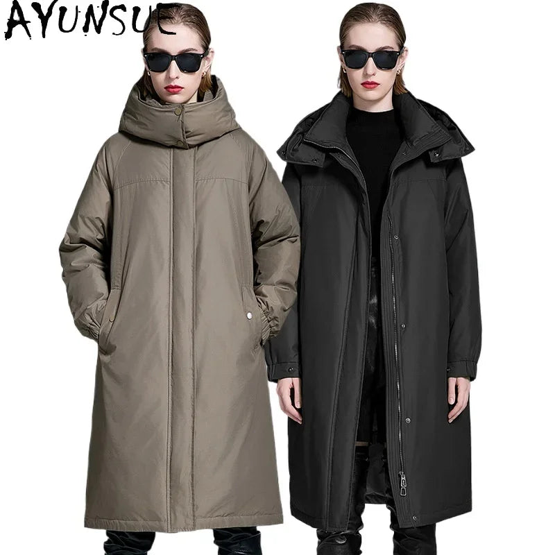 AYUNSUE White Duck Down Puffer Jacket Women Clothing 2024 Long Down Coats New in Outerwears Winter Windproof and Warm Coat Парки