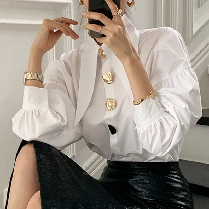 Bijele elegantne biserne žene košulje korejski oštar kutni ovratnik labavi dugi rukavi dame bluza y2k moda novi chic ženski vrhovi