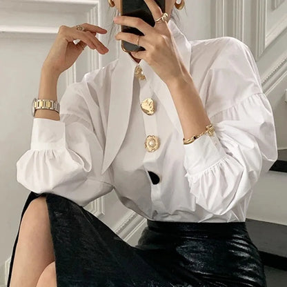 Bijele elegantne biserne žene košulje korejski oštar kutni ovratnik labavi dugi rukavi dame bluza y2k moda novi chic ženski vrhovi