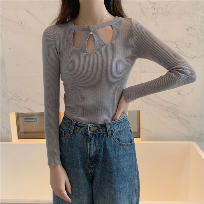2024 Ny efterår og vinter Women's Slim Stræk sexet pullover Hollow Solid Color Sweater Slim Bottoming Shirt Sweater Ladies