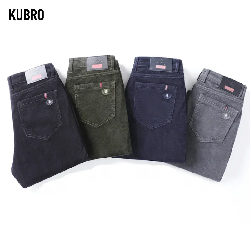 Kubro عالي الجودة Corduroy Fabric رجال الأعمال رجال الأعمال غير الرسمية الخريف النمط الكوري الصغير على التوالي سراويل شحن متعددة الاستخدامات
