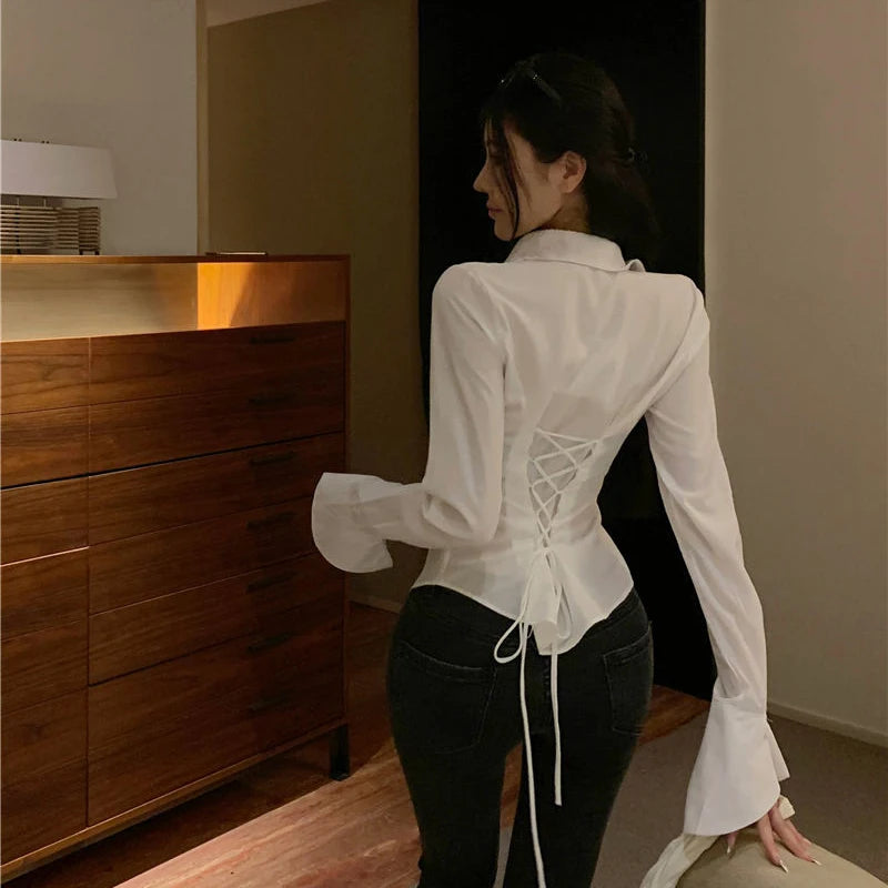 Gidyq Mode Frauen Verband Hemden Korean passen straße streetwear weibliche bluse frühling lässige weiße glockenhemd Hemd neu