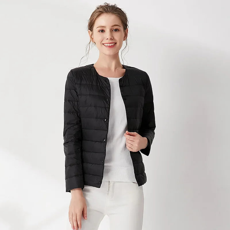 2024 Fall Spring Autume Collarless Light Quilted Puffer Coat New Women Liner Duck Down Jacket O-neck Variable V-neck Female