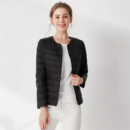 2024 Fall Spring Autume Collarless Light Quilted Puffer Coat New Women Liner Duck Down Jacket O-neck Variable V-neck Female