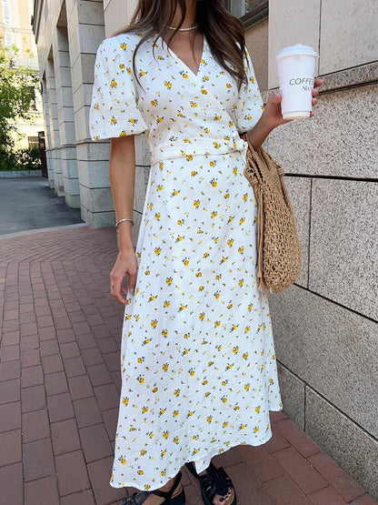 Casual Women's Summer Dresses 100% Cotton Floral Print A-line Midi Dress with Side Slits Long Elegant White Dress for Women 2025