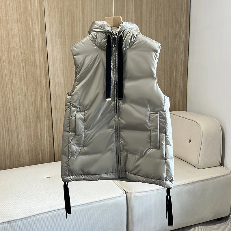 Donne Schinteon Women 90% White Duck Down con giacca senza maniche casual con cappuccio semplice Fashion Solido Fashioni Autunno inverno Top 2025