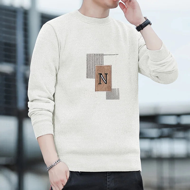 Mænds sweater Patckwork Round Neck Pullovers Fleece Foret tyk varm vinterstrik mode -hoppere Mands tøj