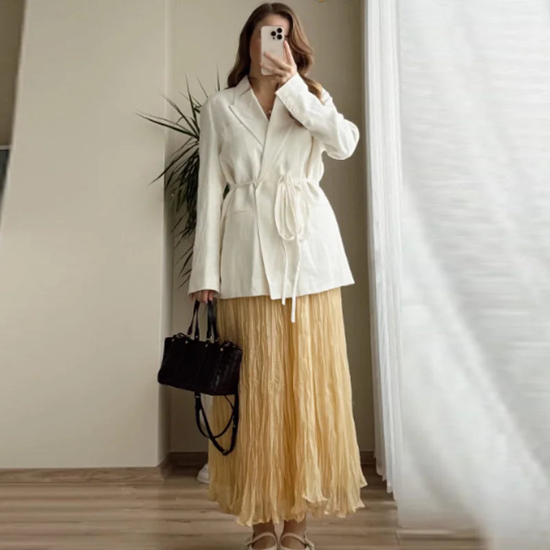 Falda de mujer Hxao Falda amarilla plisada Summer 2025 Faldas largas de cintura Midi Midi Falda de vacaciones casual elegantes