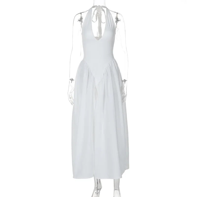 Talenza Backless Deep V Spliced Long Dress Summer Women's Sexy Party Kjole Halter Ny mode Slim hvid ærmeløs lang kjole