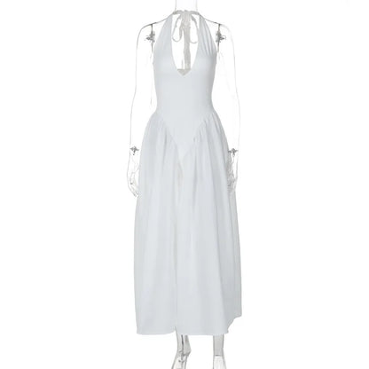 Talenza Backless Deep V Spliced Long Dress Summer Women's Sexy Party Kjole Halter Ny mode Slim hvid ærmeløs lang kjole