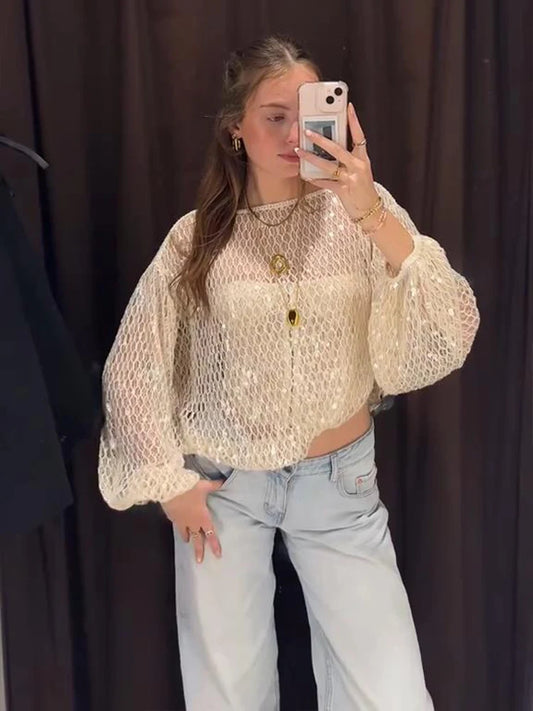 Sequins Hollow Out Pullovers Women Casual Loose Round Neck Full Sleeve Female Crop Tops Spring Summer See Through Lady Outerwear