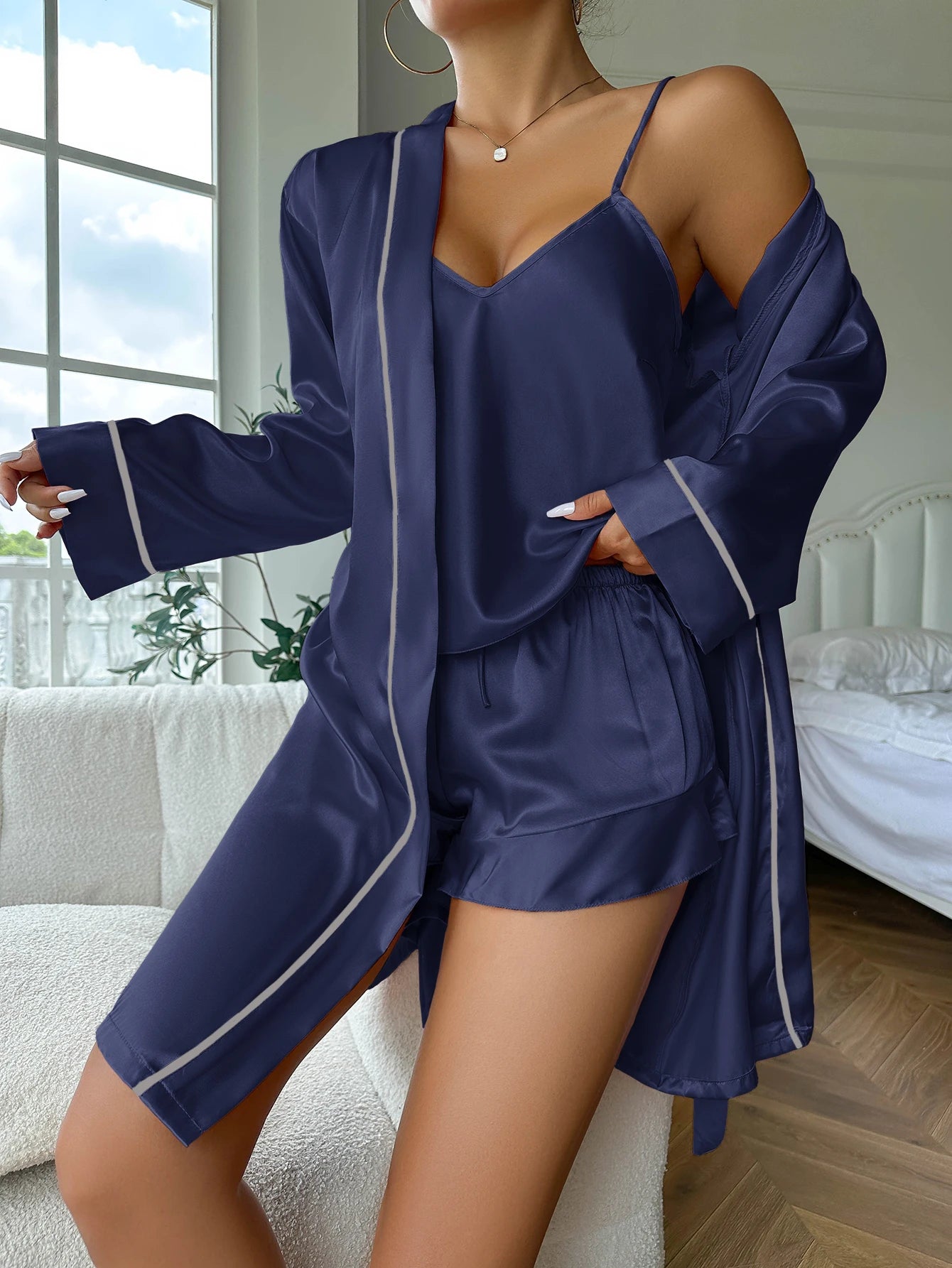 Eenvoudige satijnen pyjama set met lange mouw rok met rok met rok cami top en shorts dames slaapkleding
