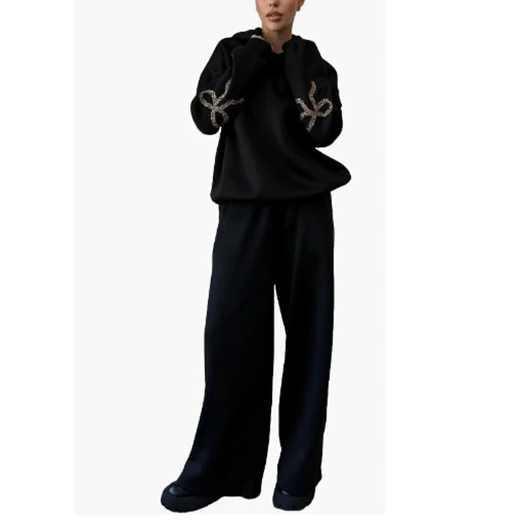 Combhasaki Womens 2Piece Y2K Loose Outfits Set Bow Print Long Sleeve Hooded Pullover Sweatshirts + Elastic Waist Pants Tracksuit