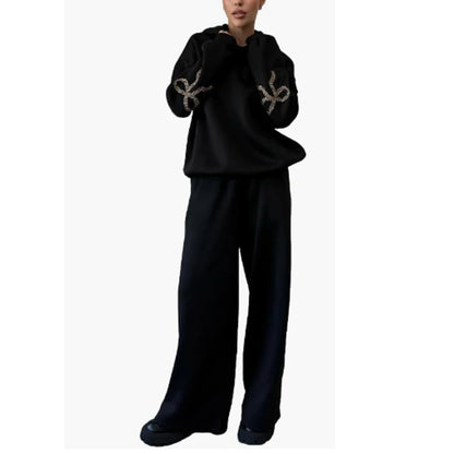 Combhasaki Womens 2Piece Y2K Loose Outfits Set Bow Print Long Sleeve Hooded Pullover Sweatshirts + Elastic Waist Pants Tracksuit