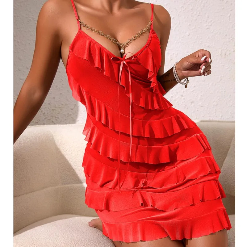 Sexy Night Dress Multi Layered Ruffles Pajamas Dress Golden Chain Pearls Nightgown Mesh Suspender Nightie Home Wear Tiered Skirt