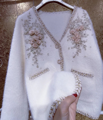 Diamantes com contas de flores de luxo Cardigã de malhas de peles Faux para mulheres com-deco