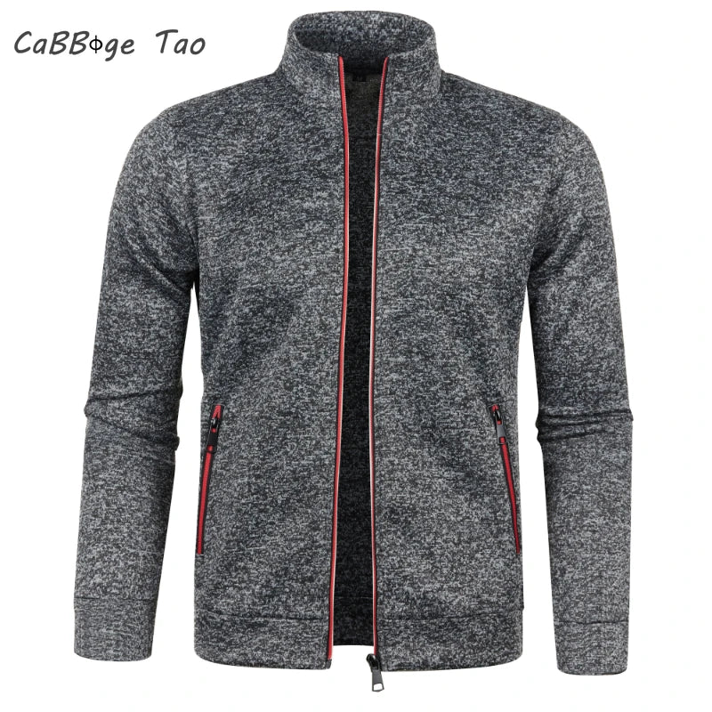 Autumn and Winter Men's New Long Zipper Color Block Sweater Sleeves Thin Plush Sweater Jacket Casual Slim Fit Comfortable Coat