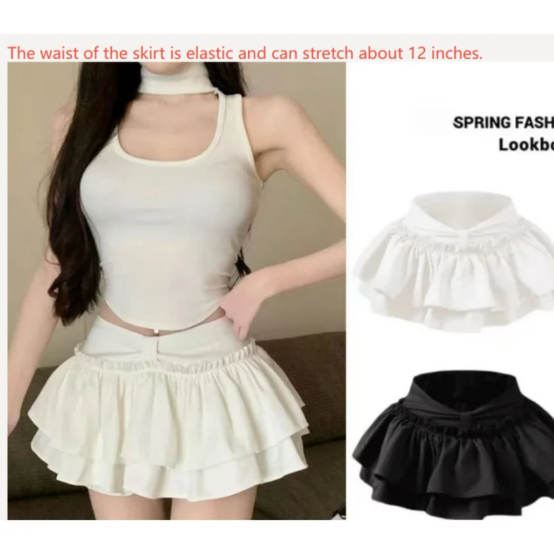 Shorts chique coreano chique em camadas de balé kawaii chique doce princesa mini saias elegantes elástica cintura alta saia combinando