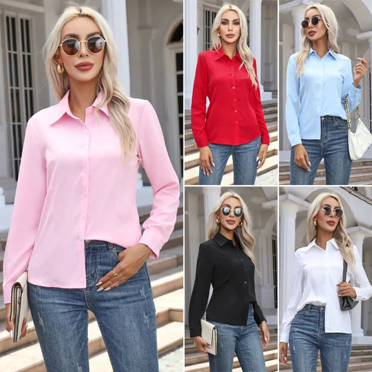 1pcs Woman Spring Autumn Solid color Shirts Lady Casual Long Sleeve Turn-down Collar Loose Shirt Female Fashion Temperament Tops
