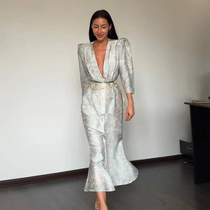 Elegant Print Tops Skirts Sets Women Full Flare Sleeve V-neck Shirts Hip Package Skirt Set Female 2025 Summer Fall Lady Suits