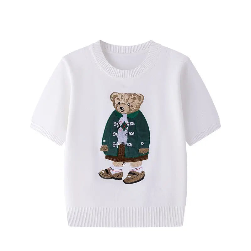 Eurooppalainen tyylinen luksusbrändi löysä O-kaula-aukkoa Pullover Tops Neule Woman Lyhythihainen T-paita Ladies Wooleulottu villapaita