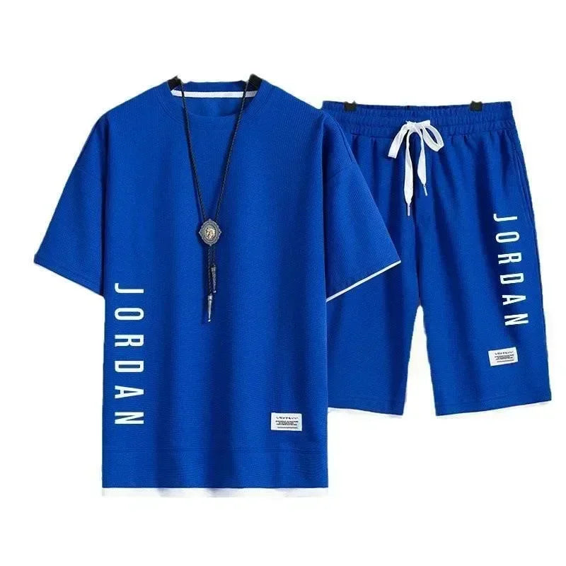 2025 Elegant casual T-shirt and shorts set for men's sports suit loose and comfortable summer waffle set for men